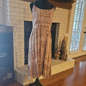 Moon River Tan Pleated Sundress Spaghetti Strap